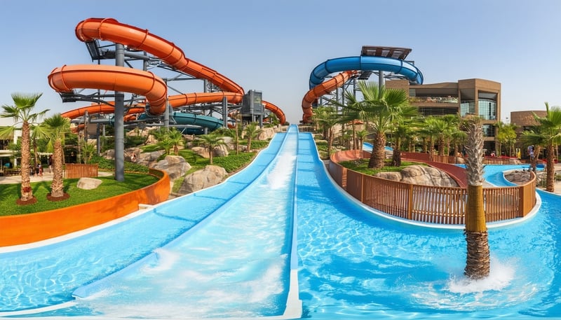 A panoramic view of Aquaventure World Dubai featuring thrilling water slides and attractions. A panoramic view of Aquaventure World Dubai featuring thrilling water slides and attractions.