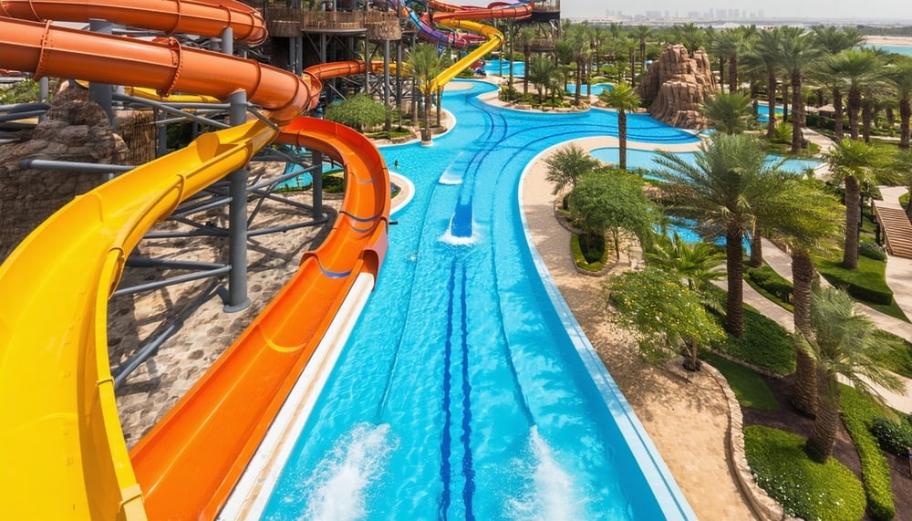 Aerial view of Aquaventure World Dubai showcasing water slides and pools Aerial view of Aquaventure World Dubai showcasing water slides and pools